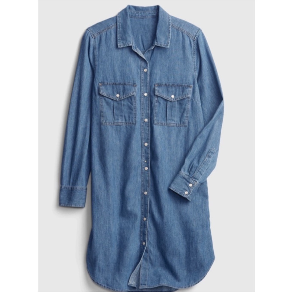 GAP‎ Denim Western Dress Long Sleeve Utility Pocket Pearl Snap Casual Shirtdress